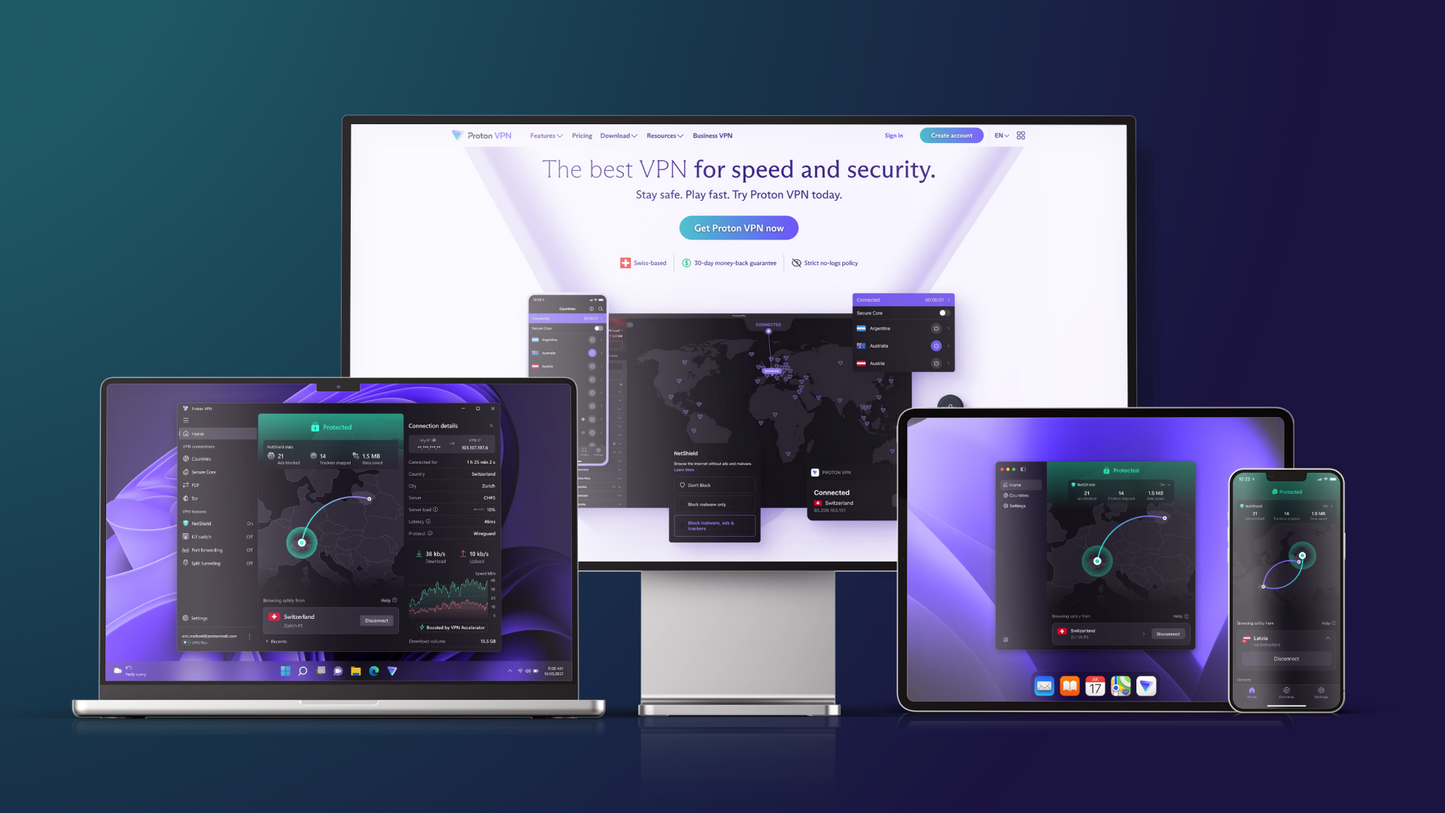 Proton VPN on a desktop, laptop, tablet, and mobile device.