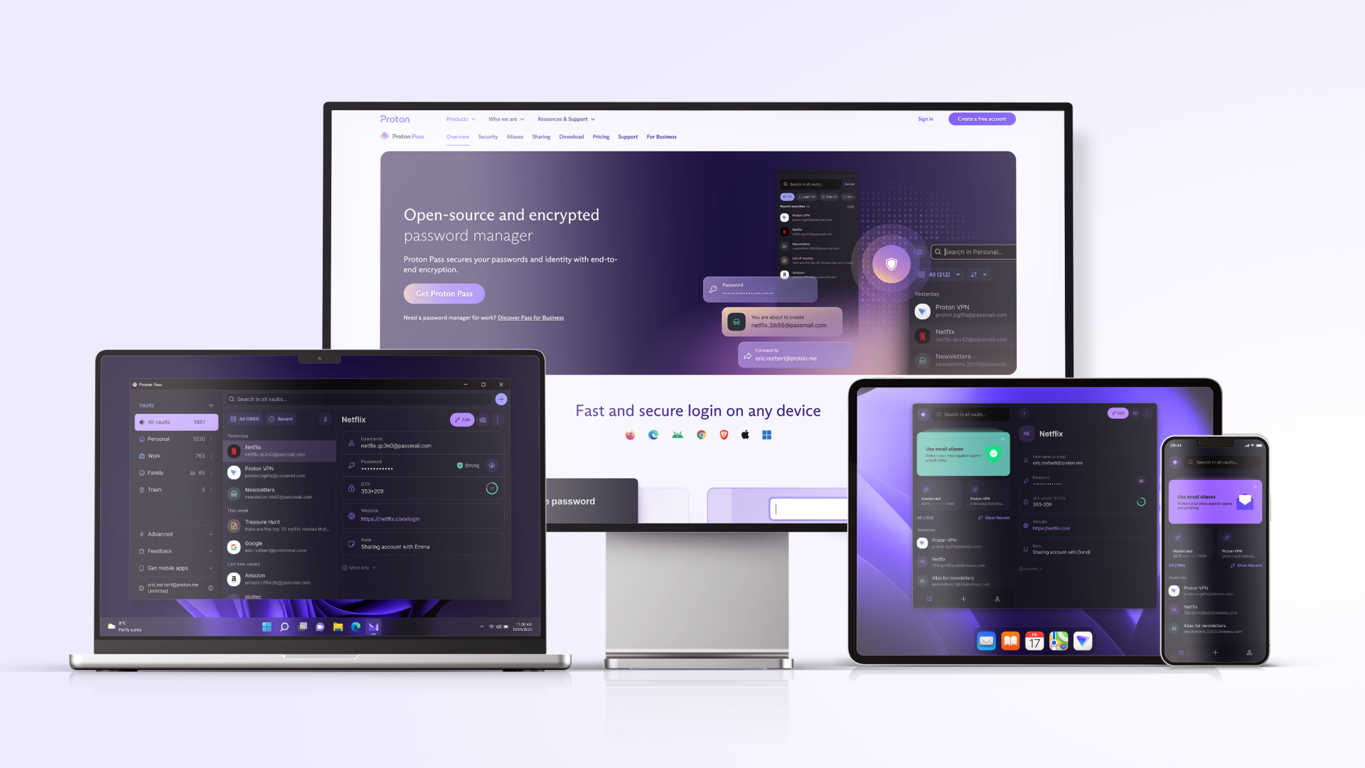 Proton Pass on a desktop, laptop, tablet, and mobile device.