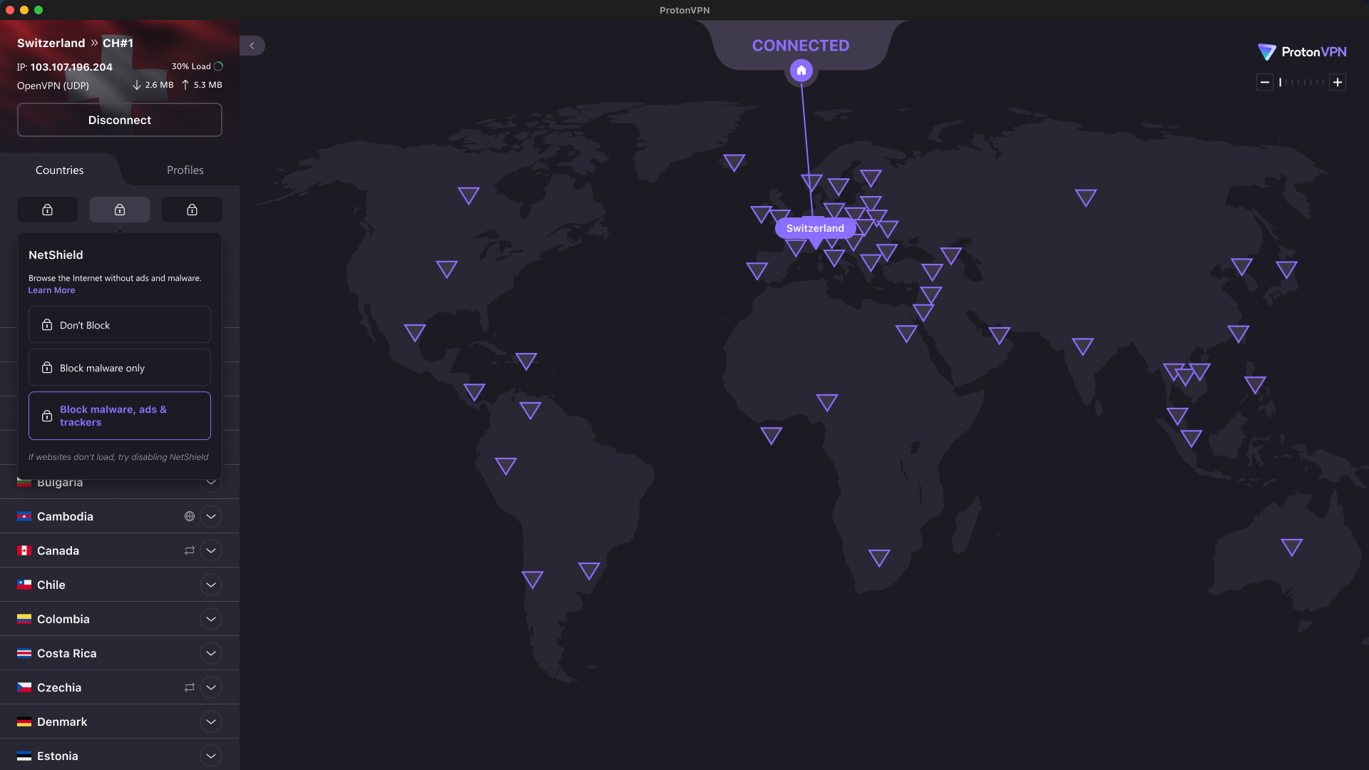 Proton VPN dashboard on the computer.